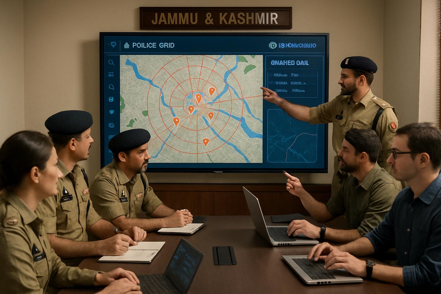 J&K police officers analyze ballistic data using AI Police Grid system in a meeting.