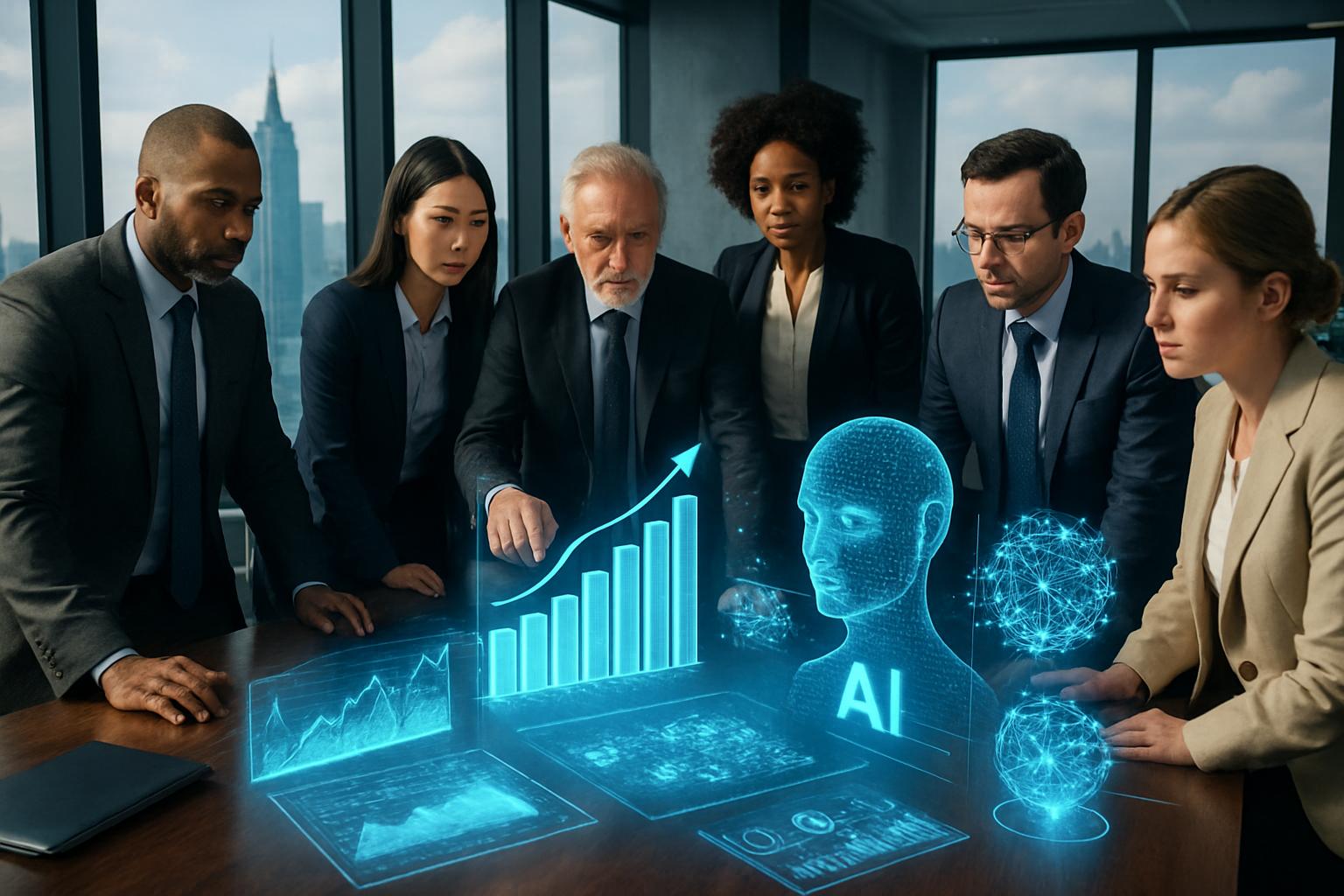 Business leaders discuss Economic AI Policy over holographic data visualizations.