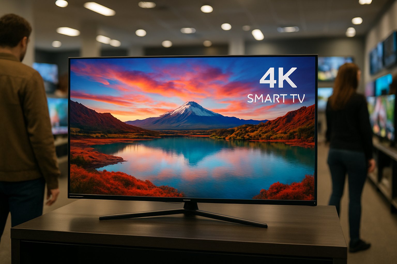 Showroom customers examining latest Smart TV display technology.