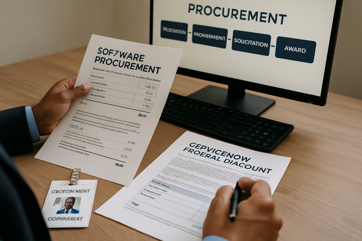 Procurement specialist reviewing ServiceNow federal discount paperwork at government desk.