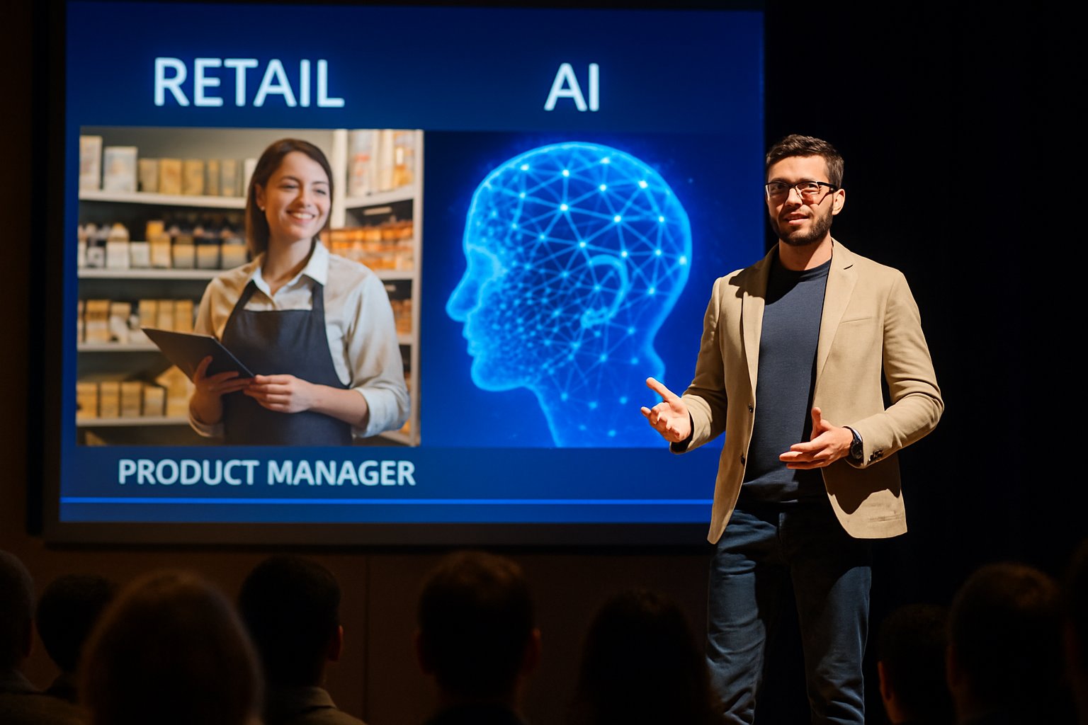Product Manager Shopping leader presenting AI-driven retail strategies at a conference