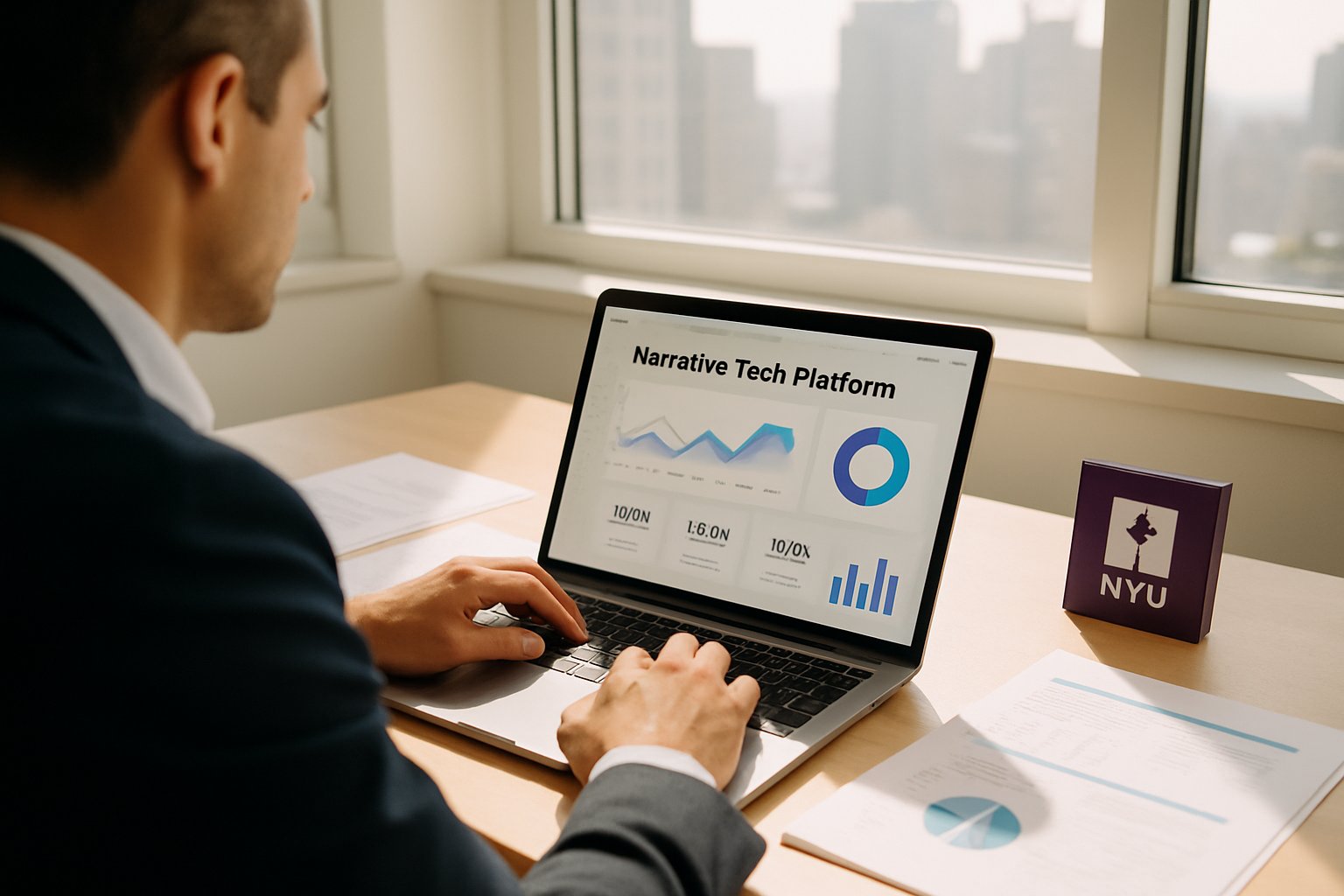 Professional reviews Narrative Tech Platform dashboard with NYU recognition plaque on desk.