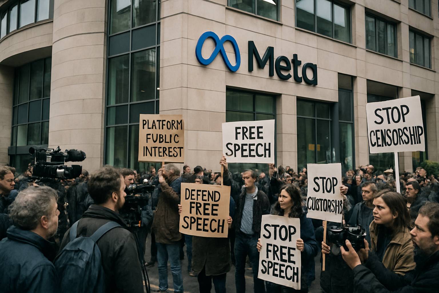 Tech Censorship Ban sparks protest at European tech company headquarters.