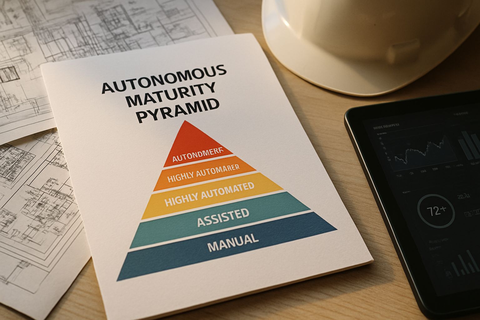 Printed Autonomous Maturity Pyramid surrounded by industrial planning tools.
