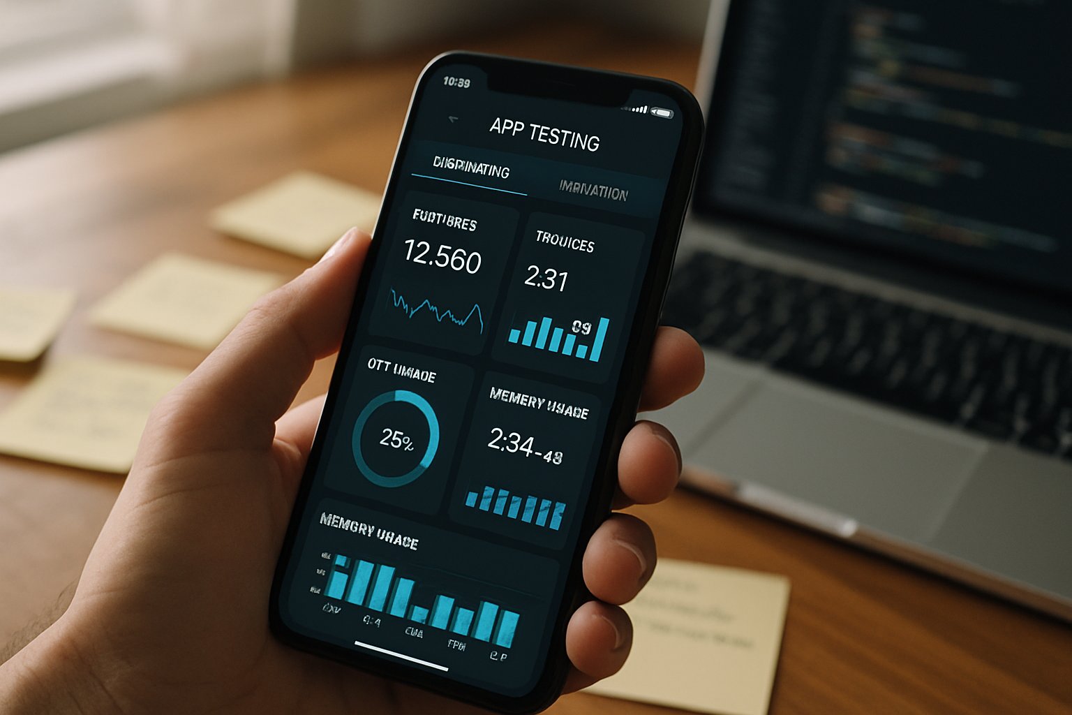 Mobile QA specialist reviewing app testing dashboard on smartphone.