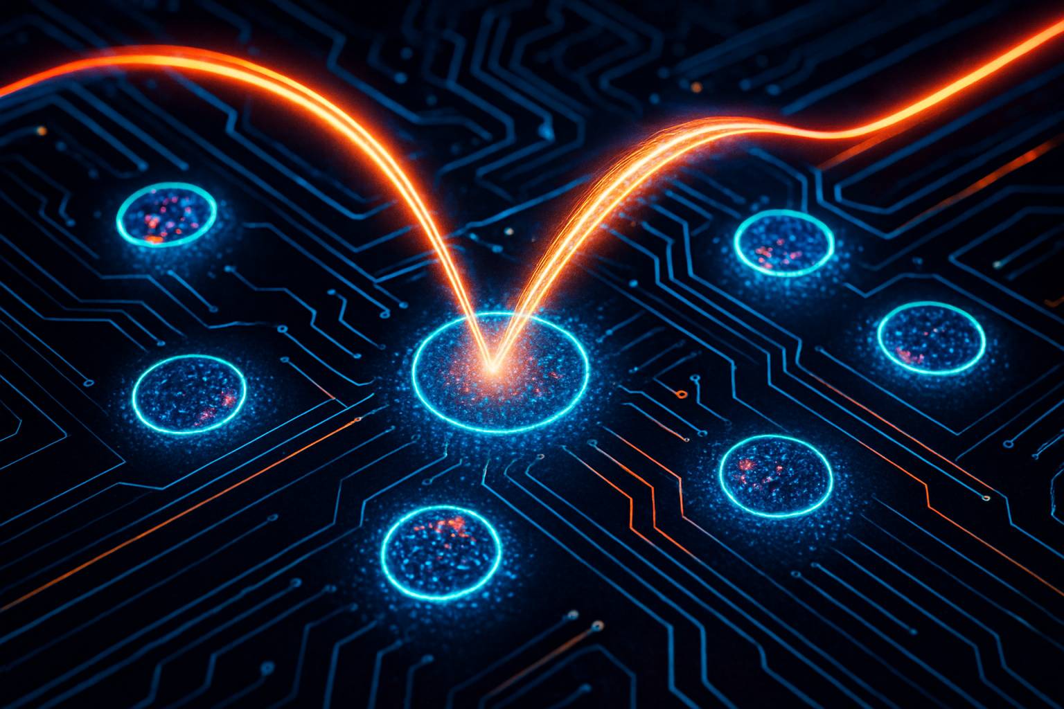 Quantum Breakthrough depicted as photons teleporting between quantum dots on a microchip.