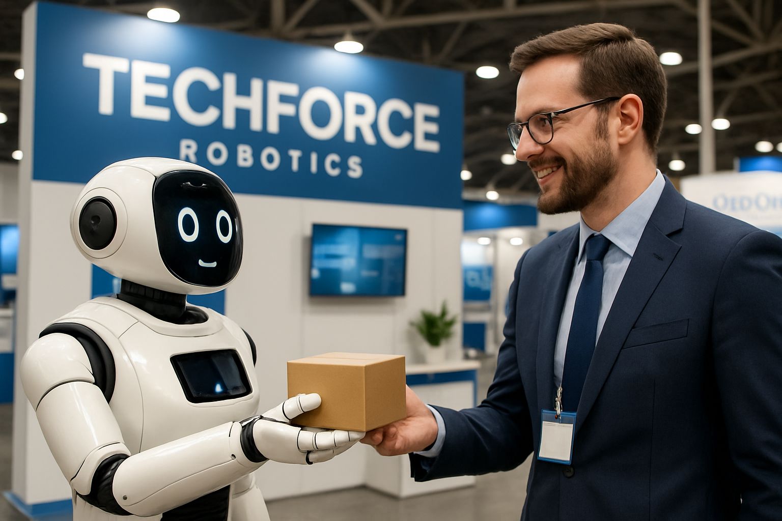 TechForce robotics exhibit hotel service robot interacting with attendee CES 2026