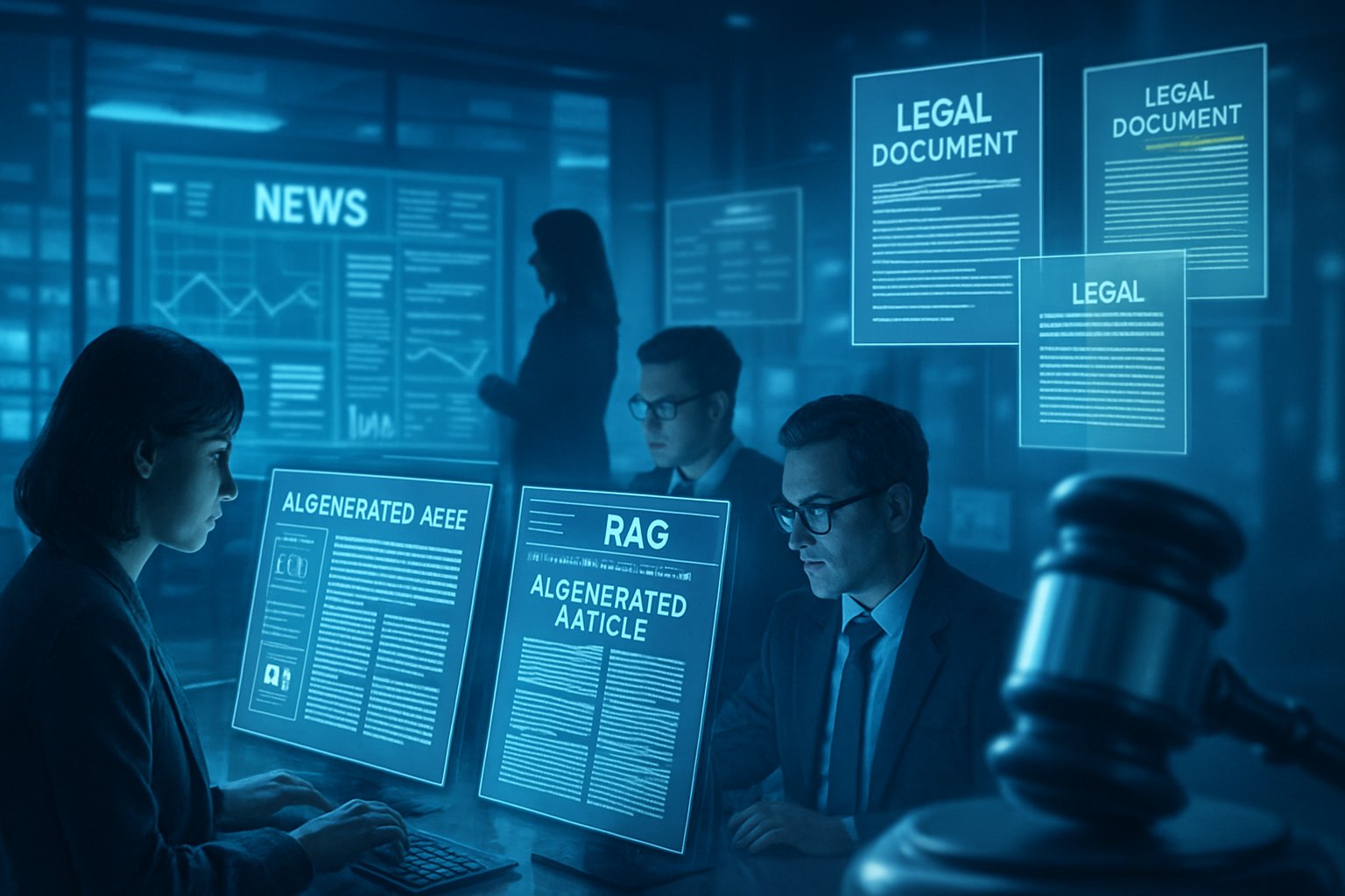 Futuristic newsroom exploring Retrieval Augmented Generation (RAG) legal and technical challenges for AI content.