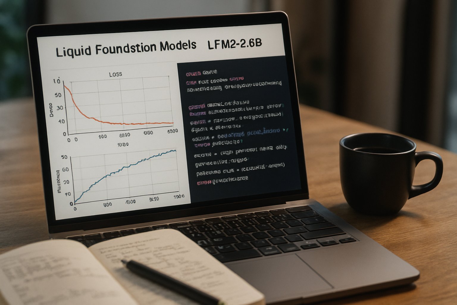 Liquid Foundation Models LFM2-2.6B performance graphs and code in a real-world workspace.