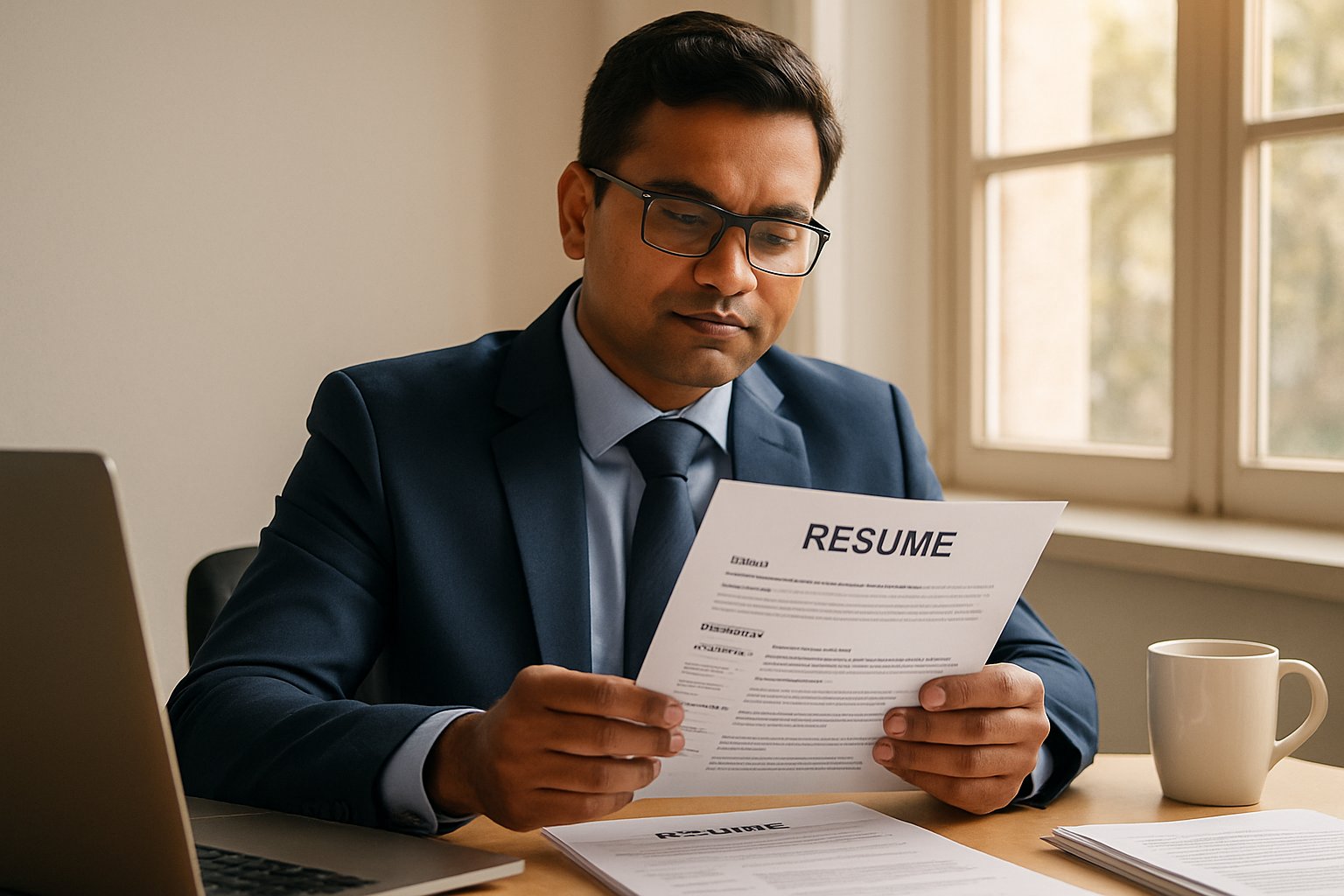 Talent Acquisition specialist evaluating resumes in an Indian tech company workspace.