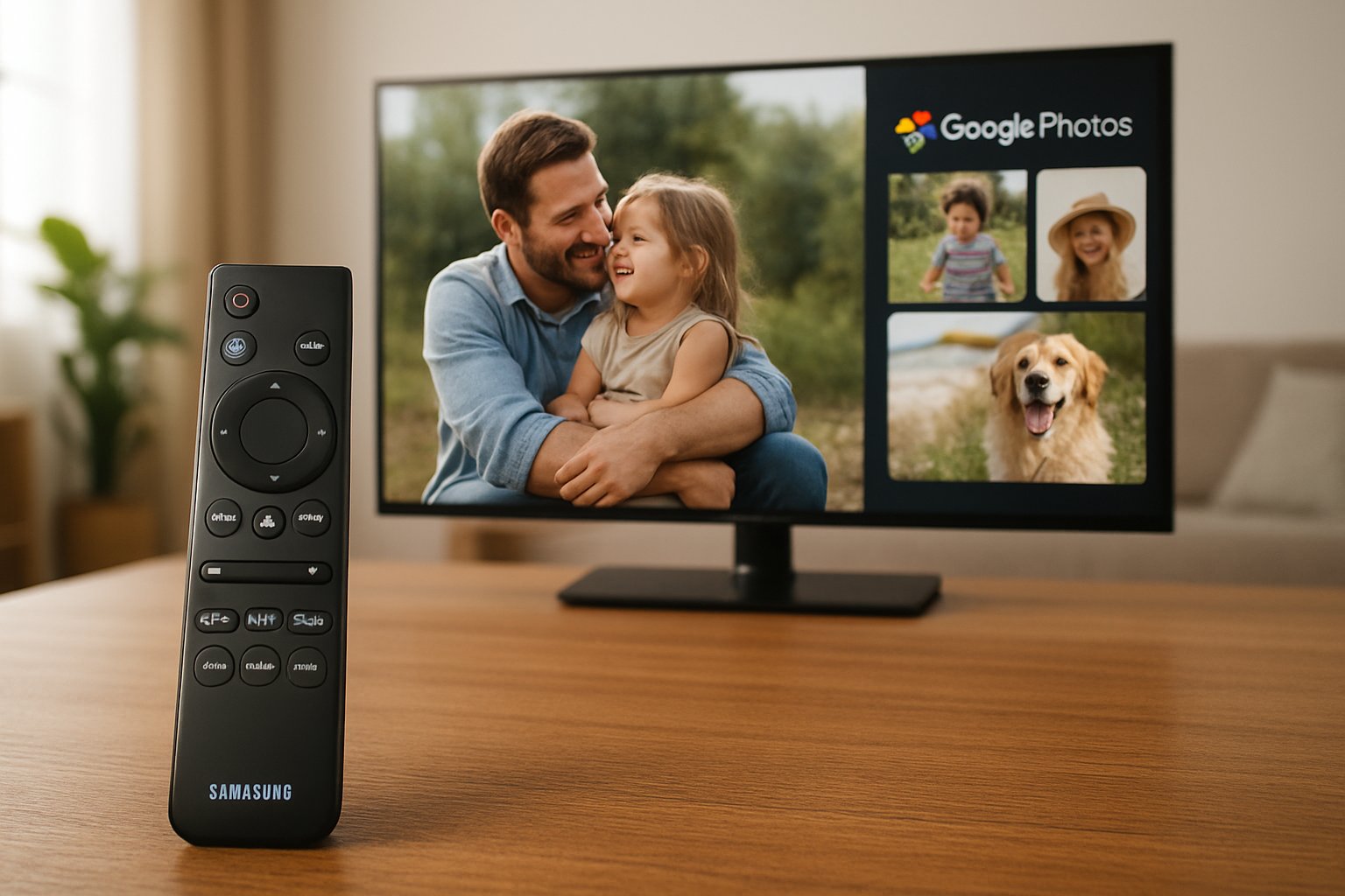 Smart TV remote and Google Photos interface displayed on Samsung TV