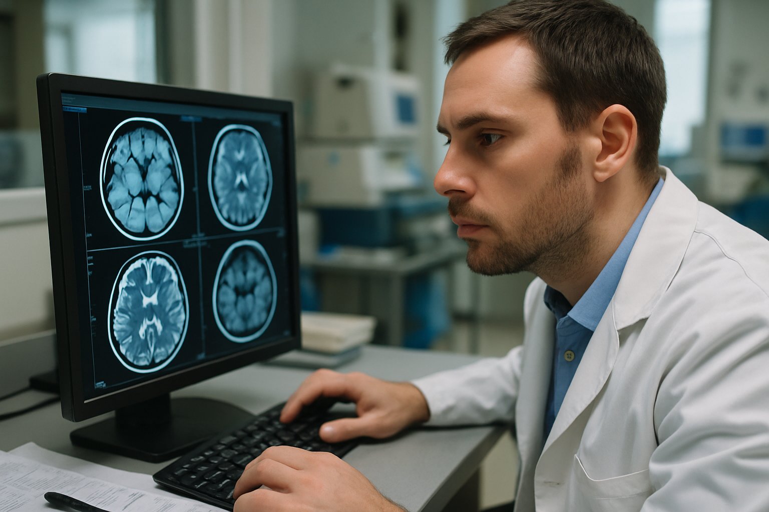 MS Clinical Update with researcher analyzing MRI brain scans in a medical lab.