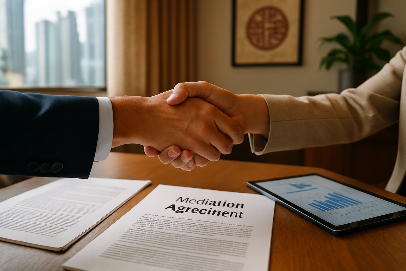 HK Resolver Forum mediation agreement handshake at Hong Kong office