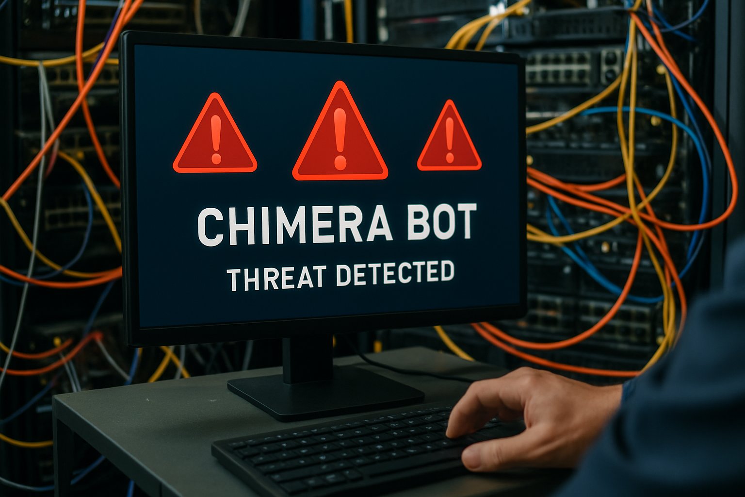 Server room computer displays a Chimera Bot threats alert on its monitor.