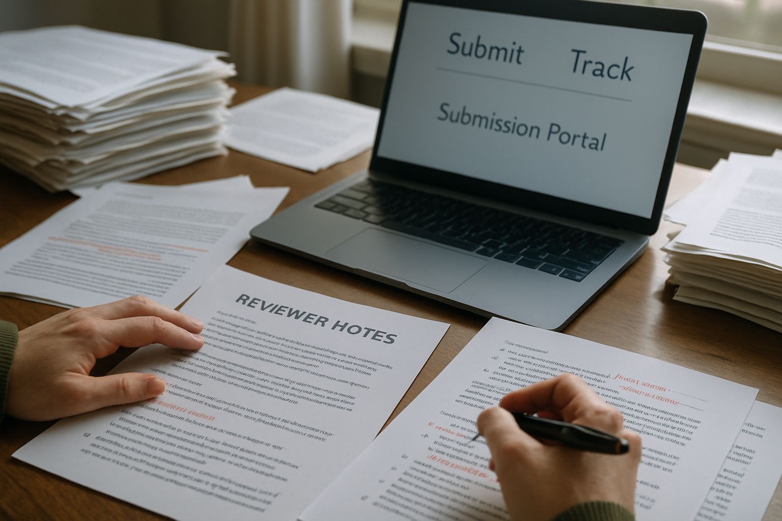 Reviewer desk overflowing with Science Volume papers for NeurIPS 2025.