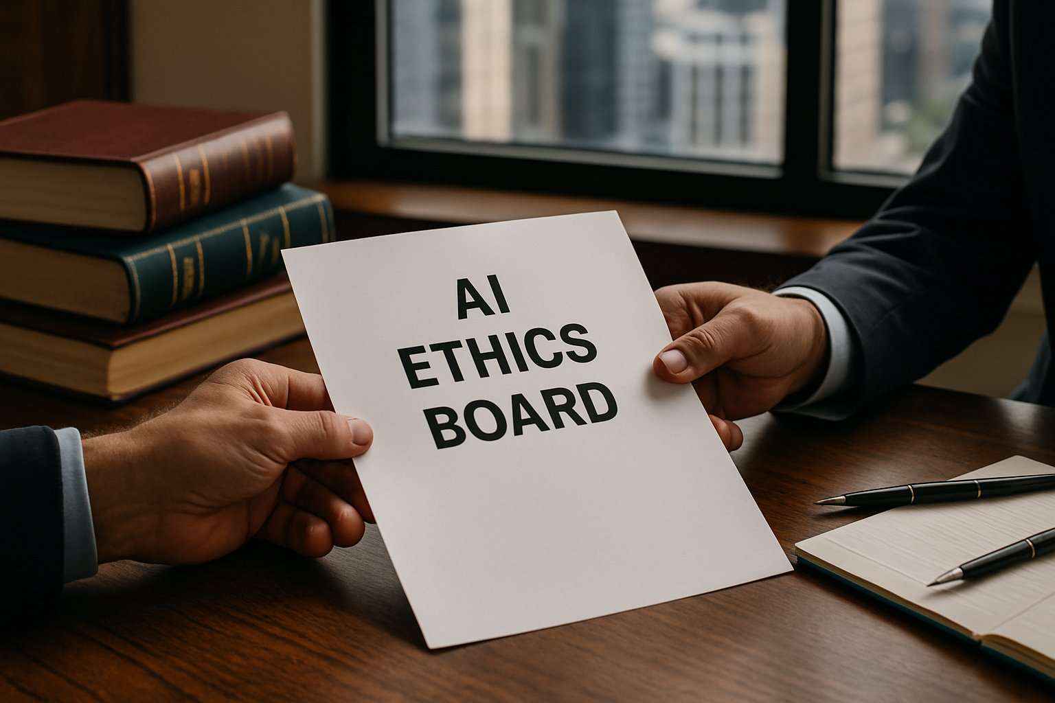 Hands reviewing AI Ethics Board documents supporting Ethics Governance.