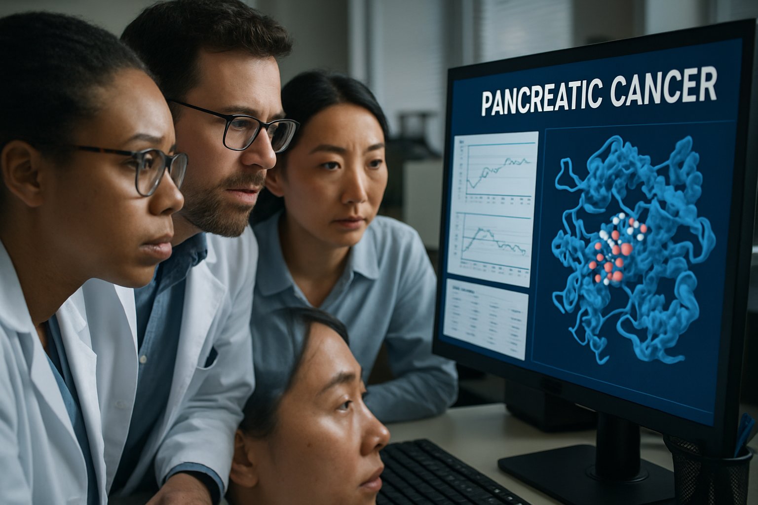 Researchers evaluate molecular models produced by Pancreatic Cancer AI software.
