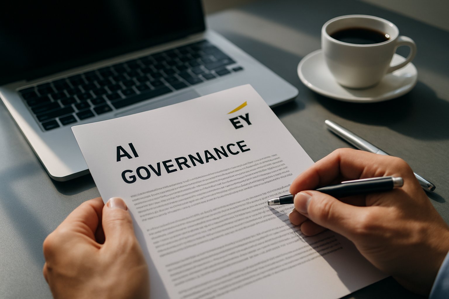 EY governance services documents on desk supporting enterprise AI transformation.