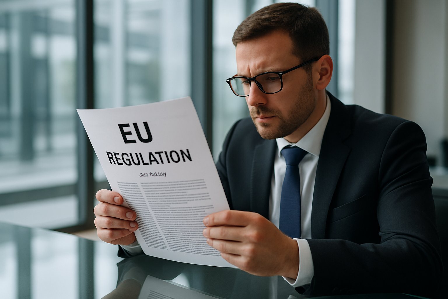 Business professional reviewing EU Regulation documents in modern office