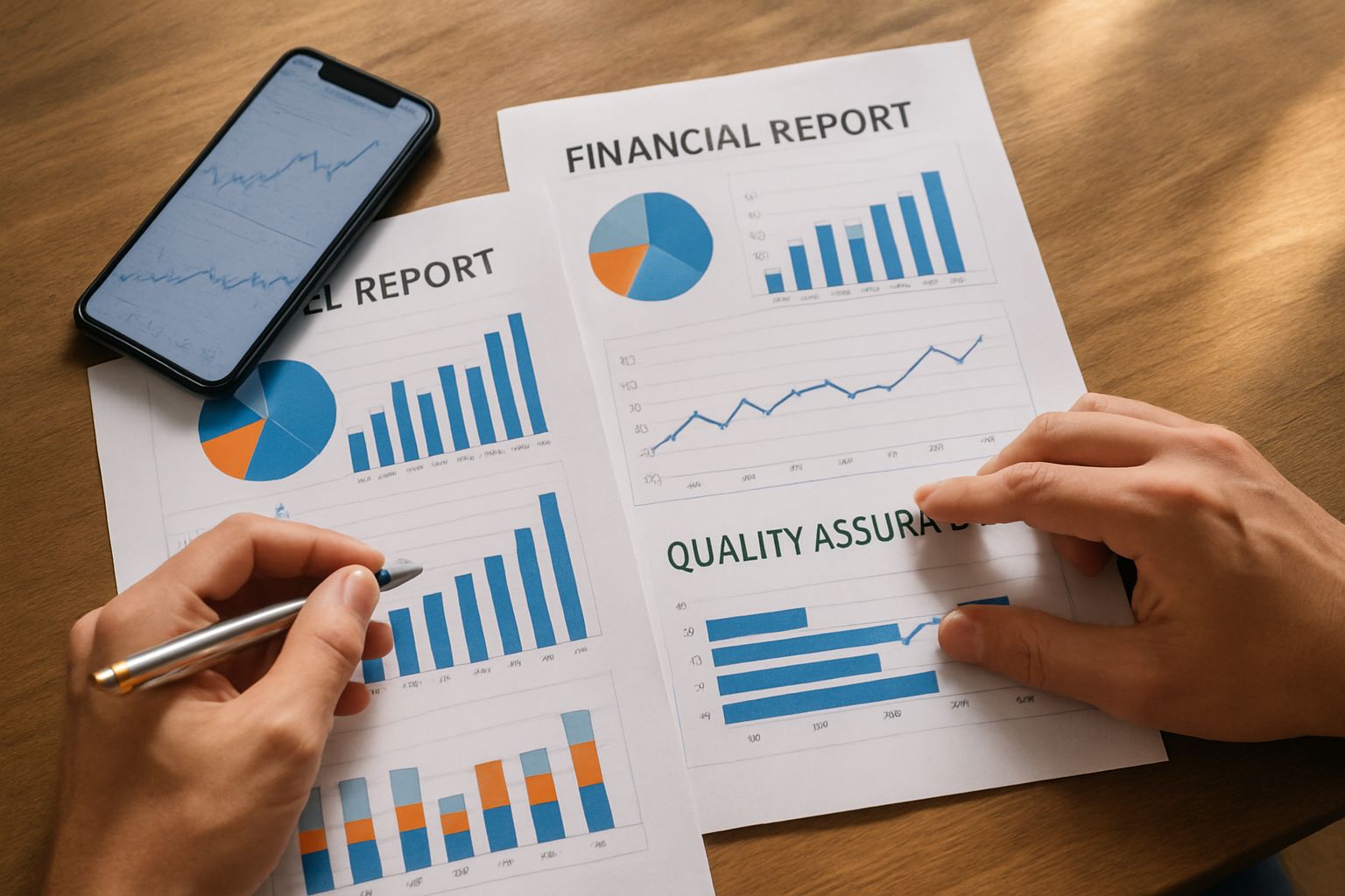 Analyzing fintech QA reports with financial charts and mobile devices.