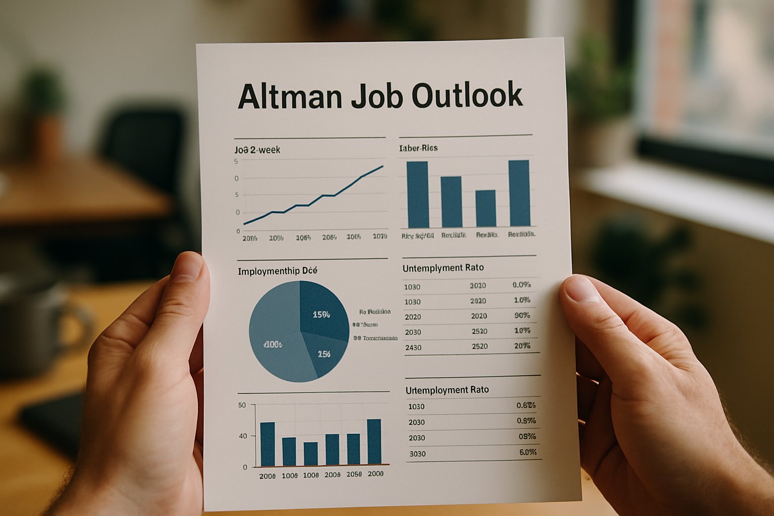 Businessperson reviews Altman Job Outlook report with data and charts.