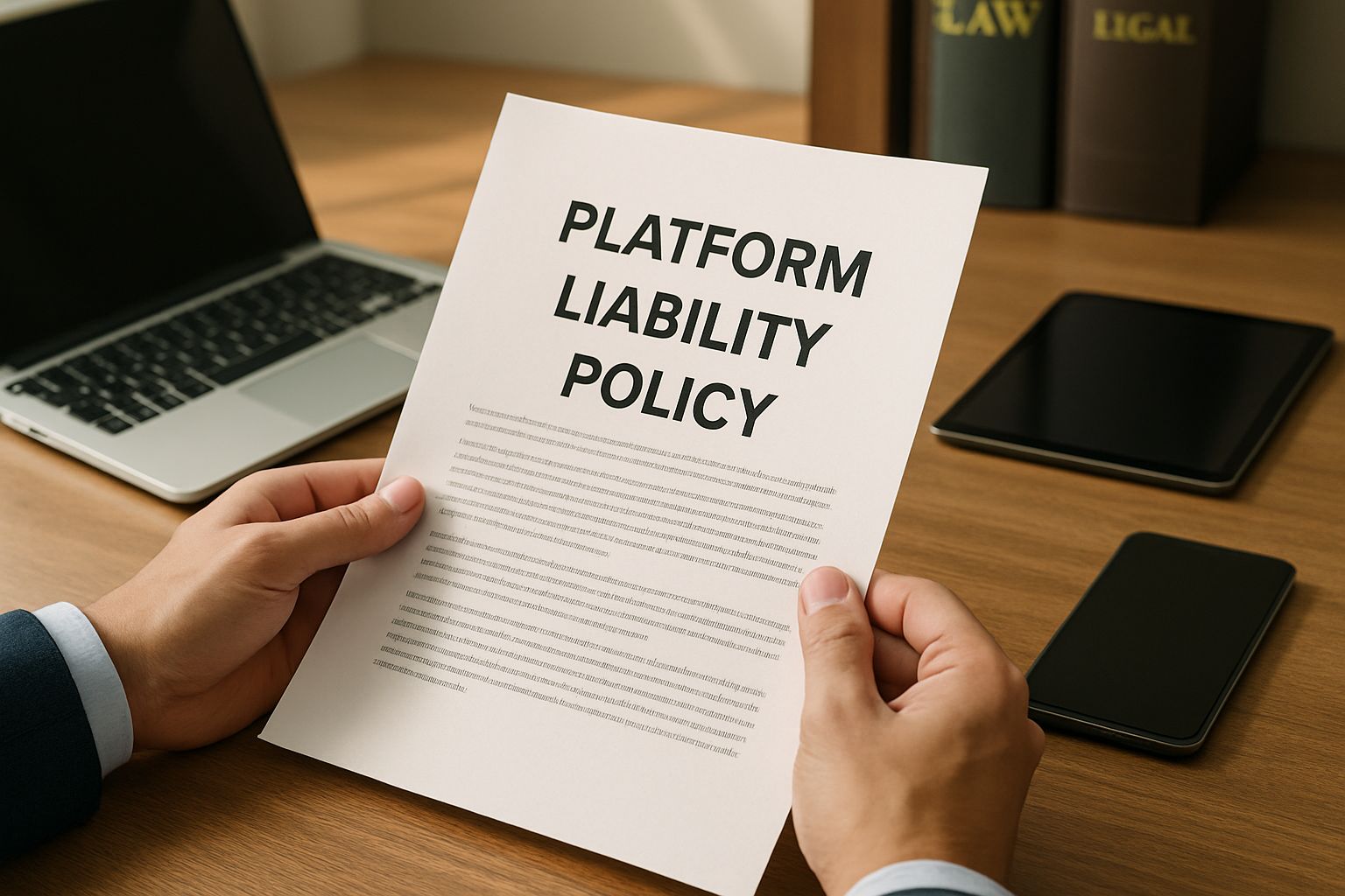 Businessperson holding Platform Liability Policy document