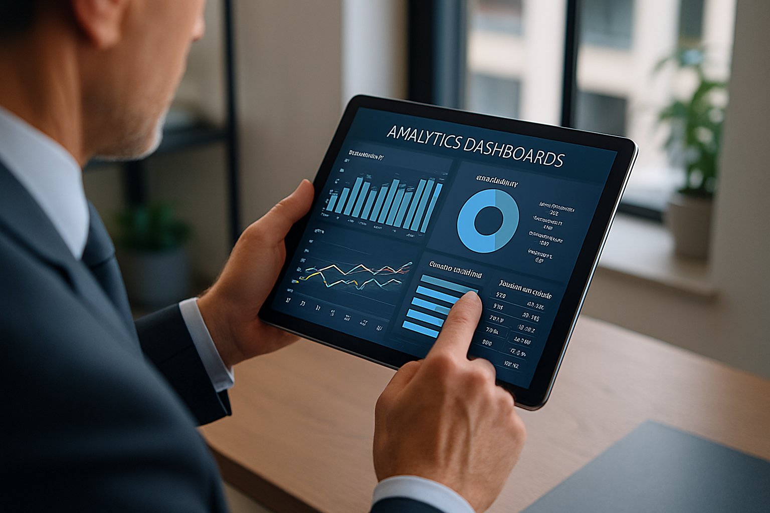 Executive reviews enterprise strategy analytics on digital dashboard.