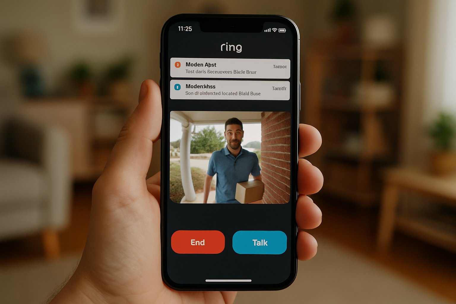Person reviewing home security footage on smartphone Ring app