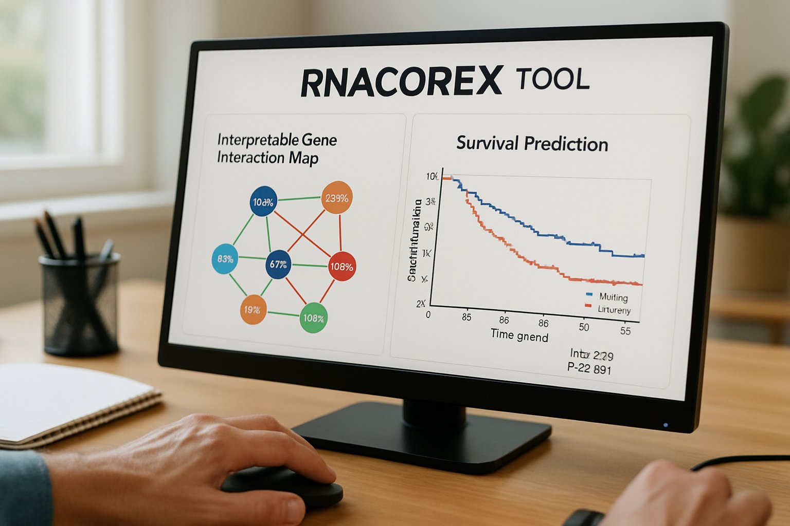 RNACOREX Tool interface showing gene networks and survival predictions on a real computer.