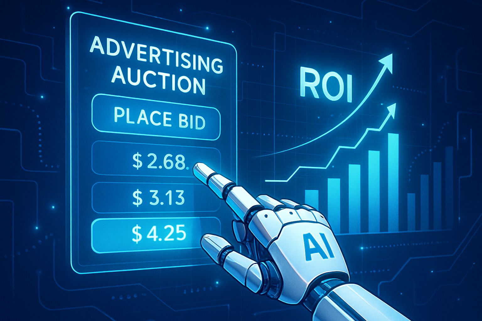 Advertising AI robot hand controlling ad bids for better return on investment.