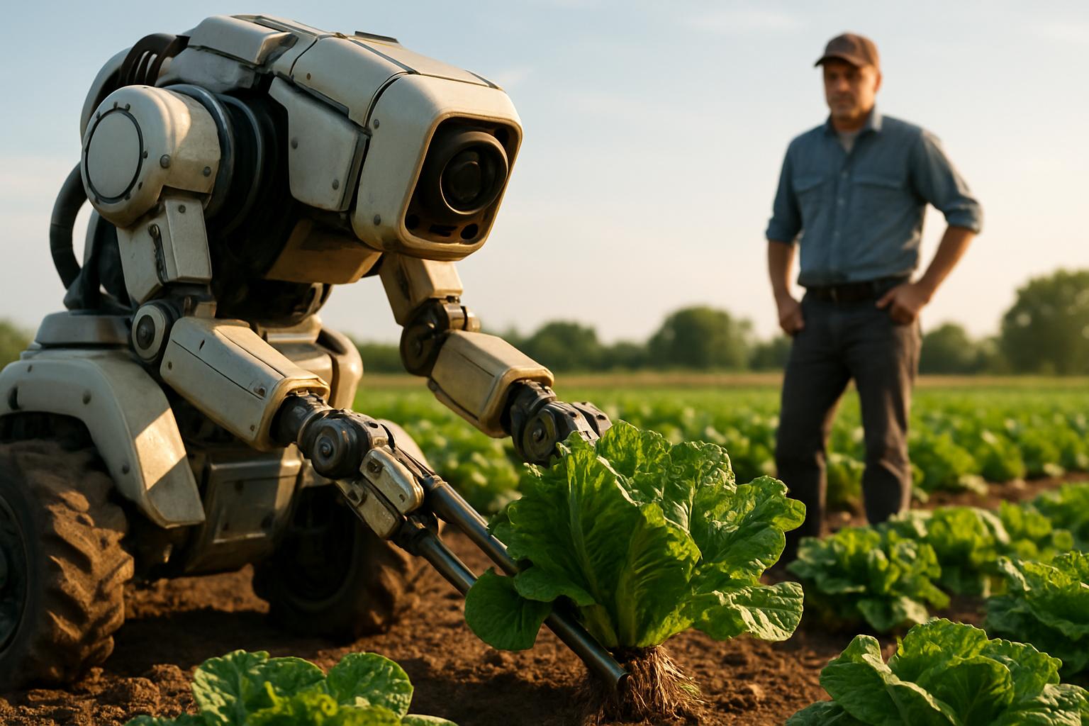 Agriculture Robotics harvesting crops with human farmer supervising on a sunny farm.
