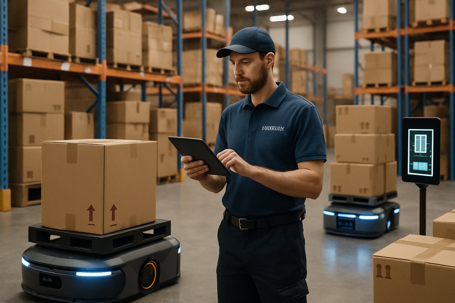 Robotics and staff optimize Retail Operations in a busy warehouse environment.