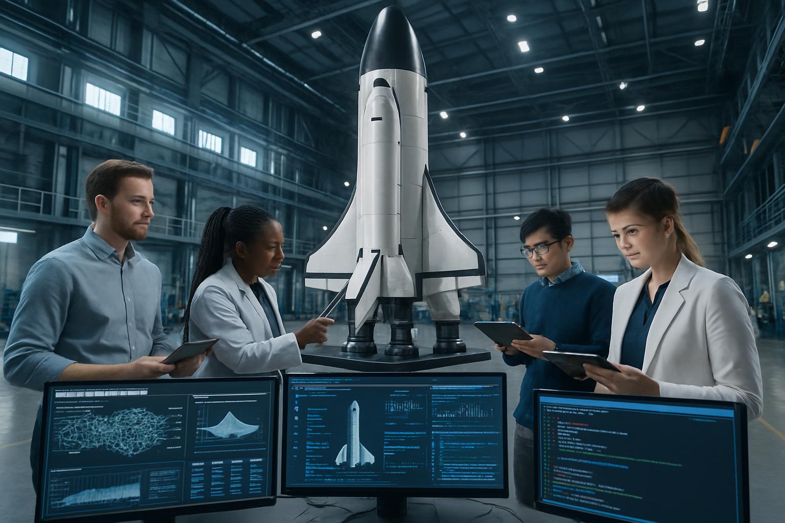 Space Transportation AI powering rocket inspection and diagnostics in a hangar.