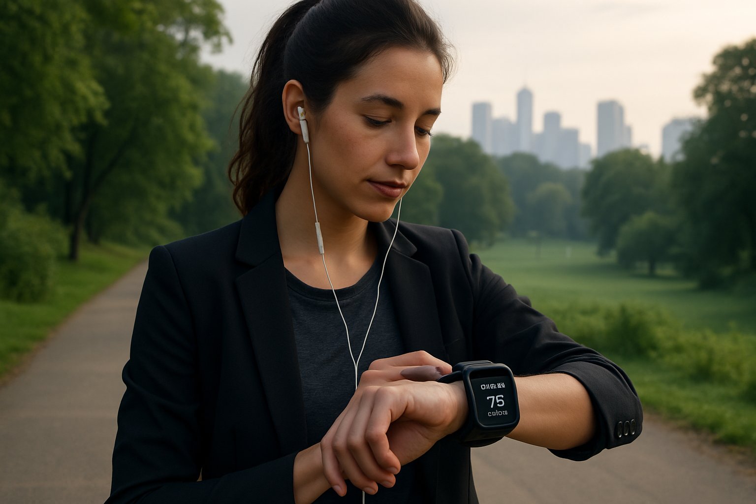 Runner reviewing Wearable AI metrics energy readiness before exercising.