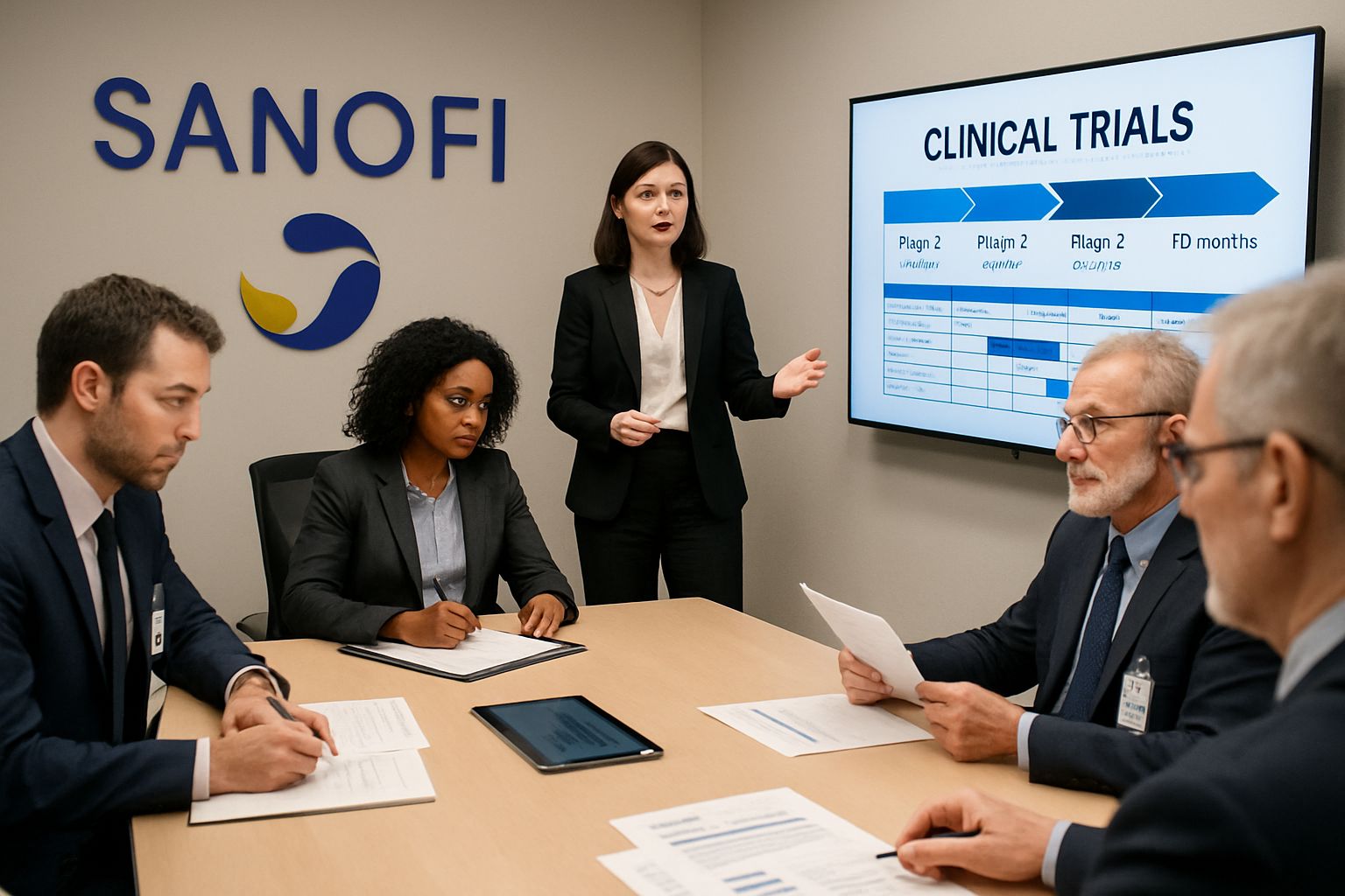 Sanofi executives meeting to discuss Clinical Trials strategy changes after FDA decision.