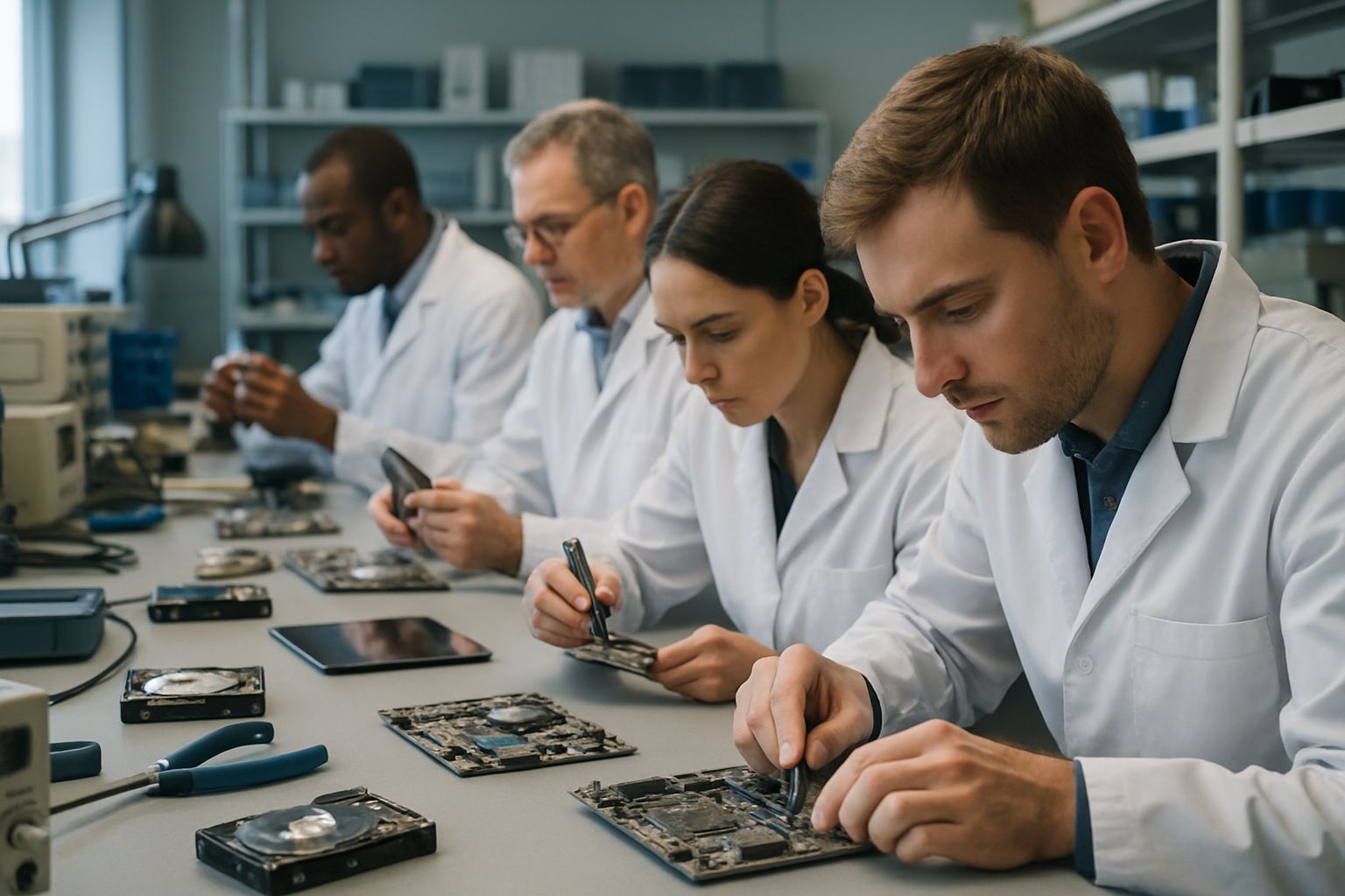 Scientists analyzing hardware components for Hardware Innovation in a tech lab.