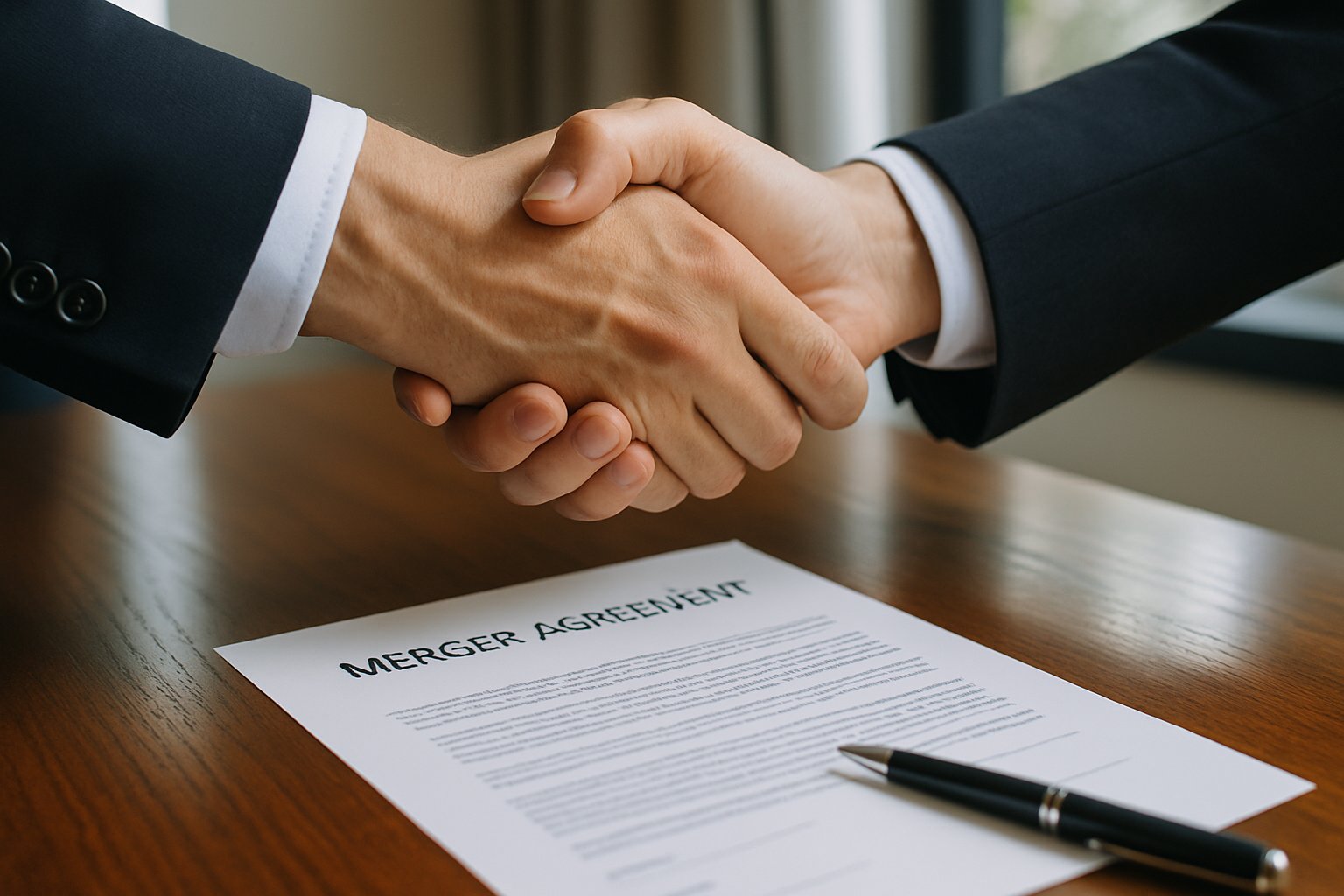 Handshake agreement symbolizing Strategic M&A between two companies.