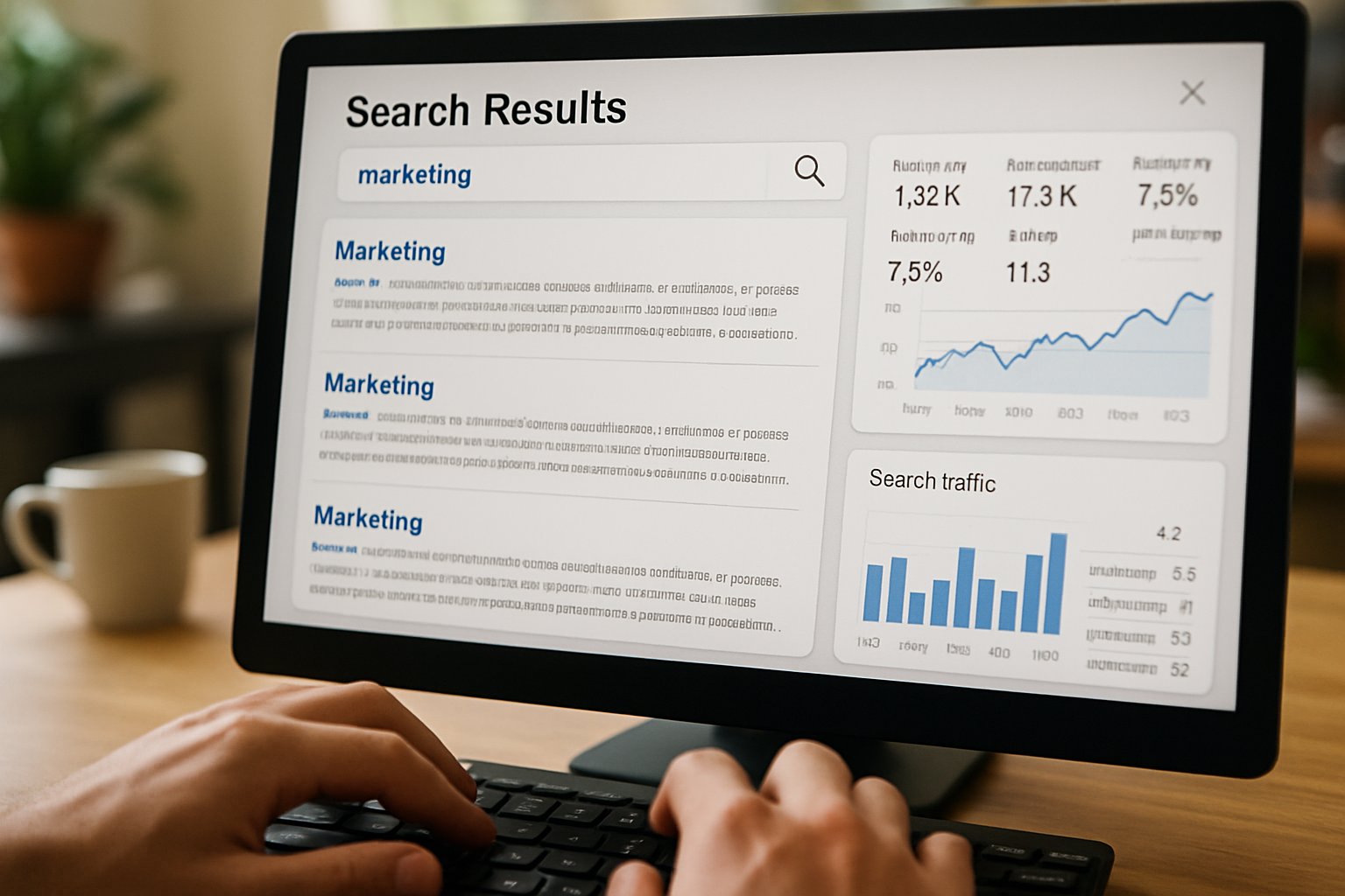 Marketing Search insights and analytics displayed on computer screen in office.