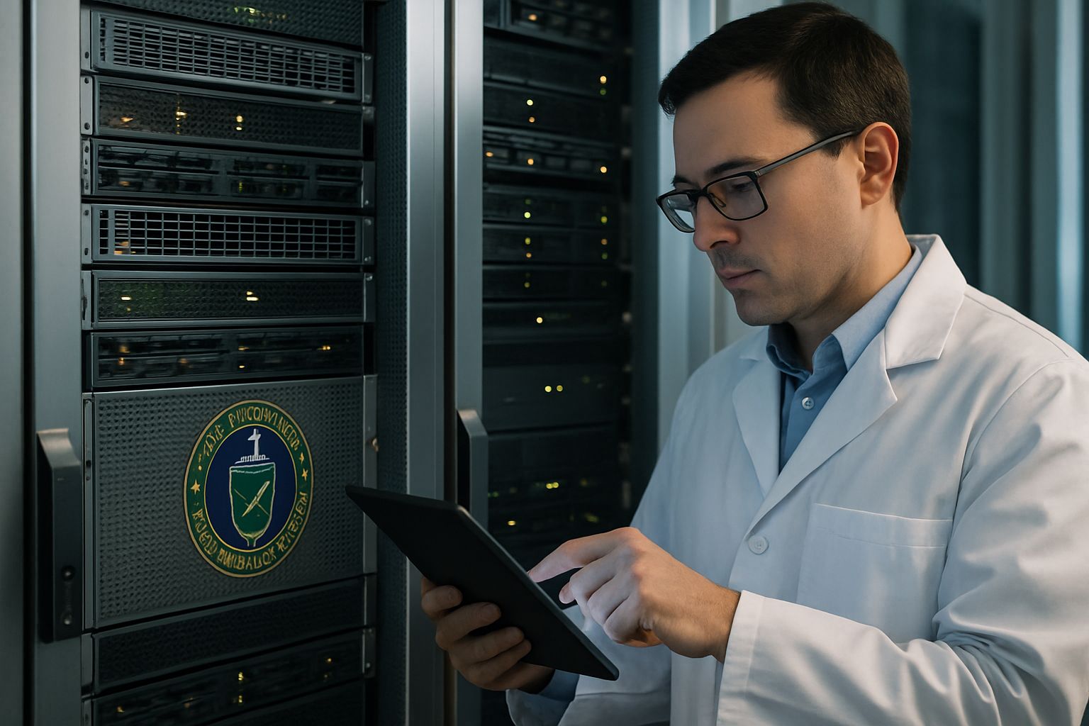 Federal Data AI secure servers with scientist reviewing data.