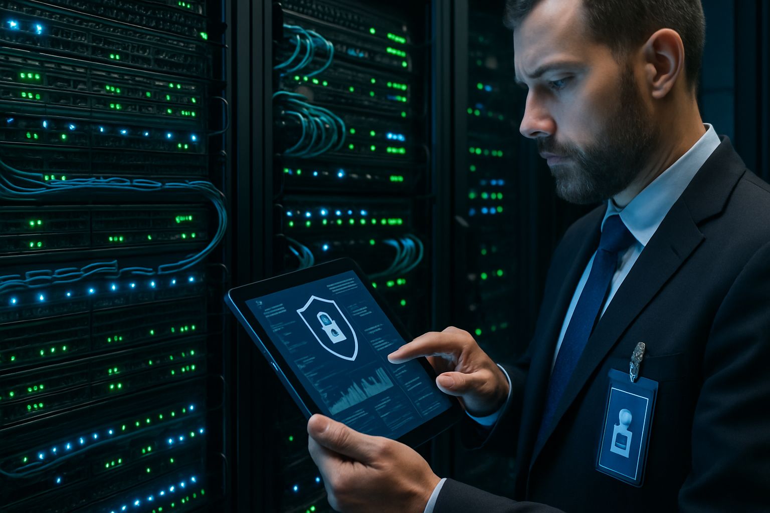 IT manager checks system controls for platform readiness in secure server room.