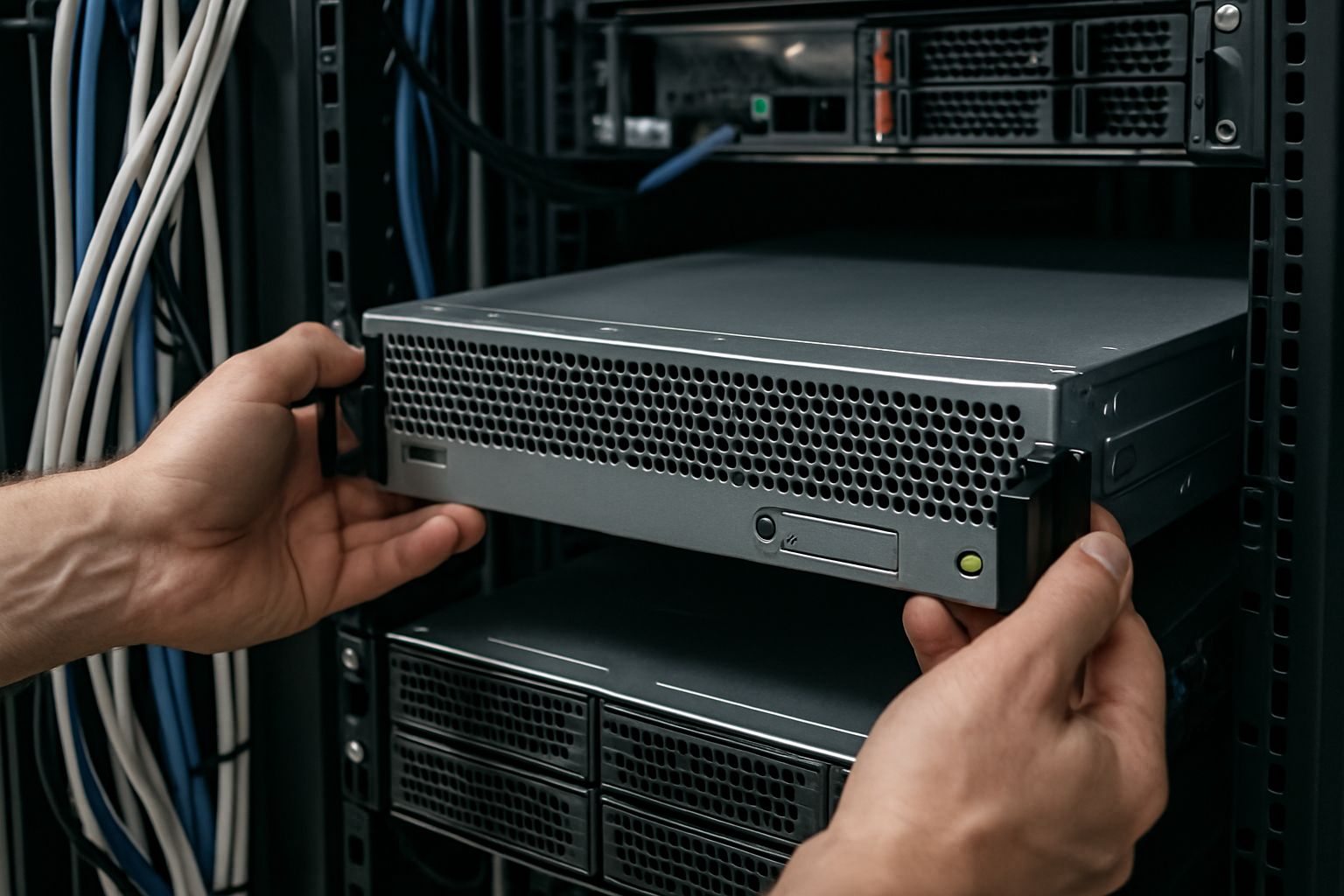 Technician configuring a Secure Networks server in a data center