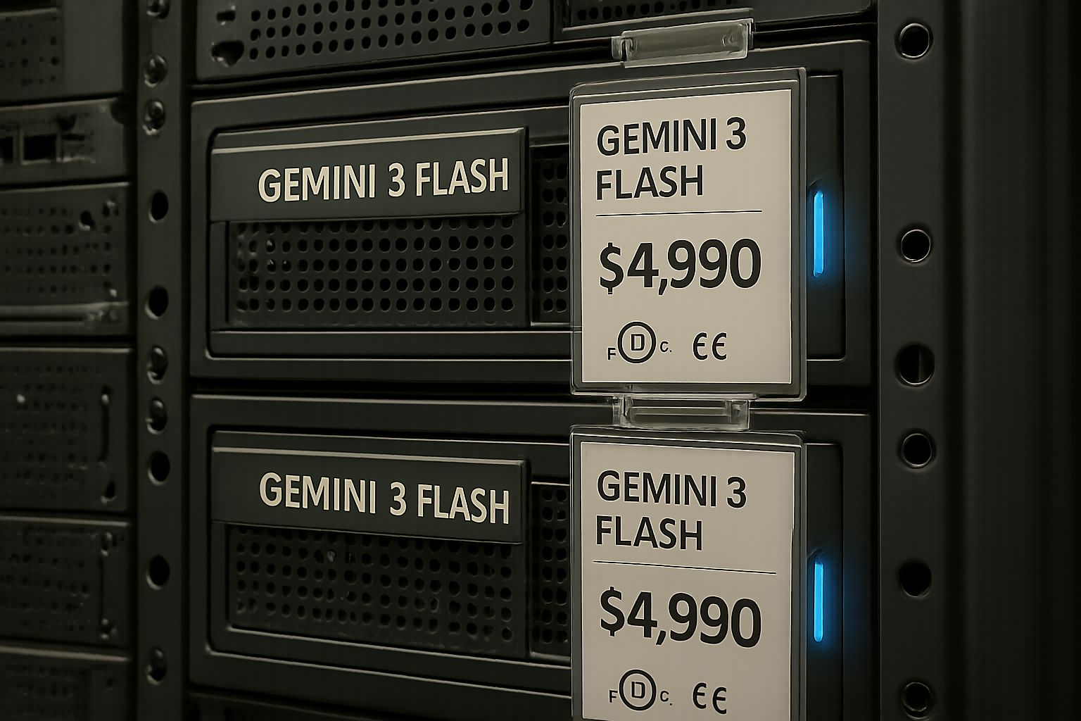 Gemini 3 Flash devices in secure server rack with price tags and safety labels