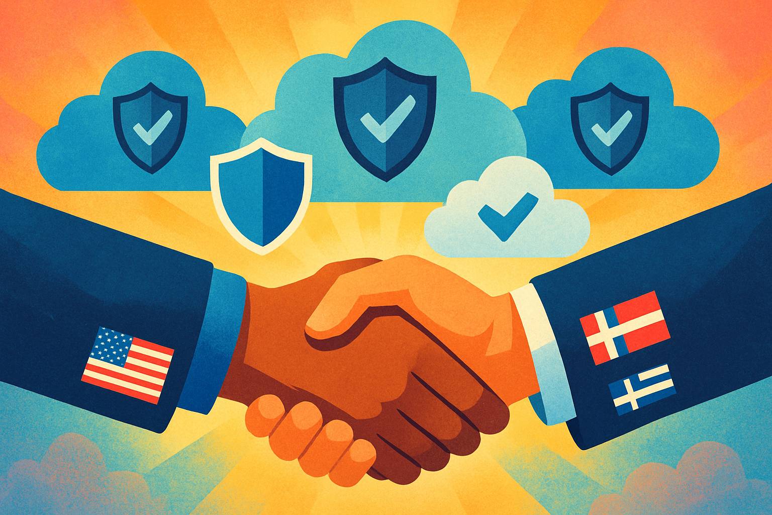 Handshake with cloud icons and shields illustrates US Cloud Trust cooperation with allies.