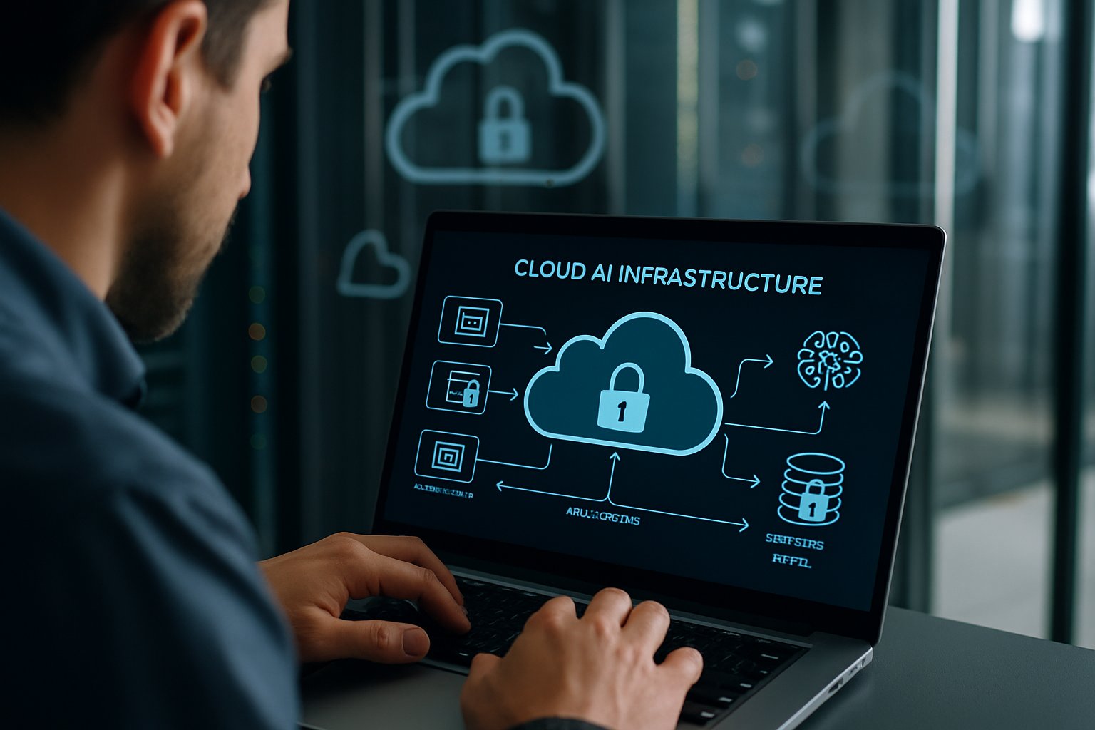 IT expert reviewing secure Cloud AI infrastructure on laptop