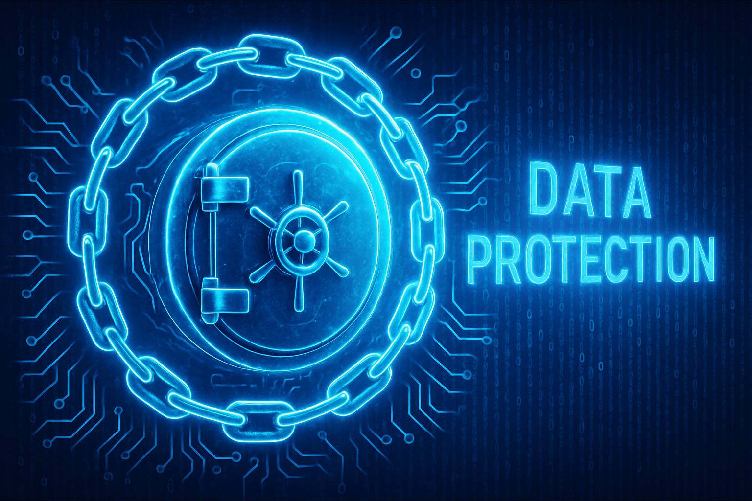 Glowing virtual vault encircled by digital chains, emphasizing Data Protection.