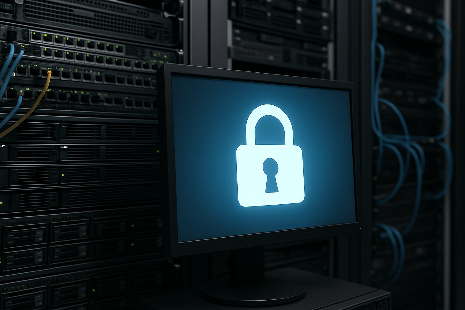 AI Privacy represented by secure server room and digital lock symbol.