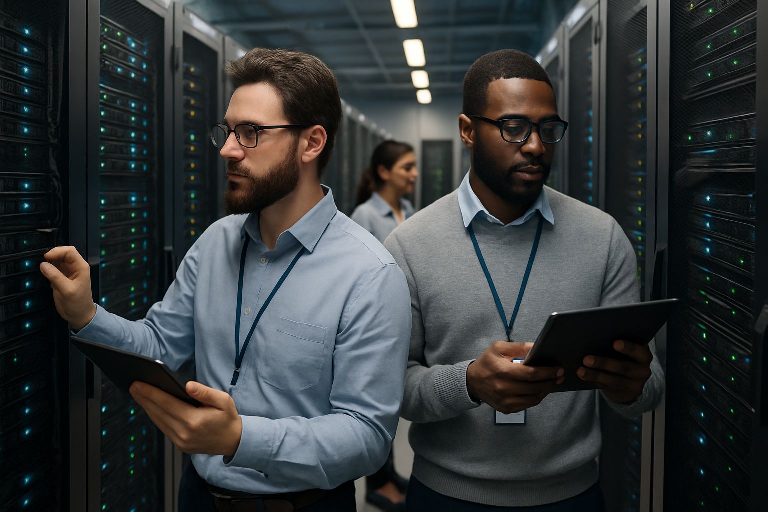 IT team in Data Centers managing server racks for AI operations.
