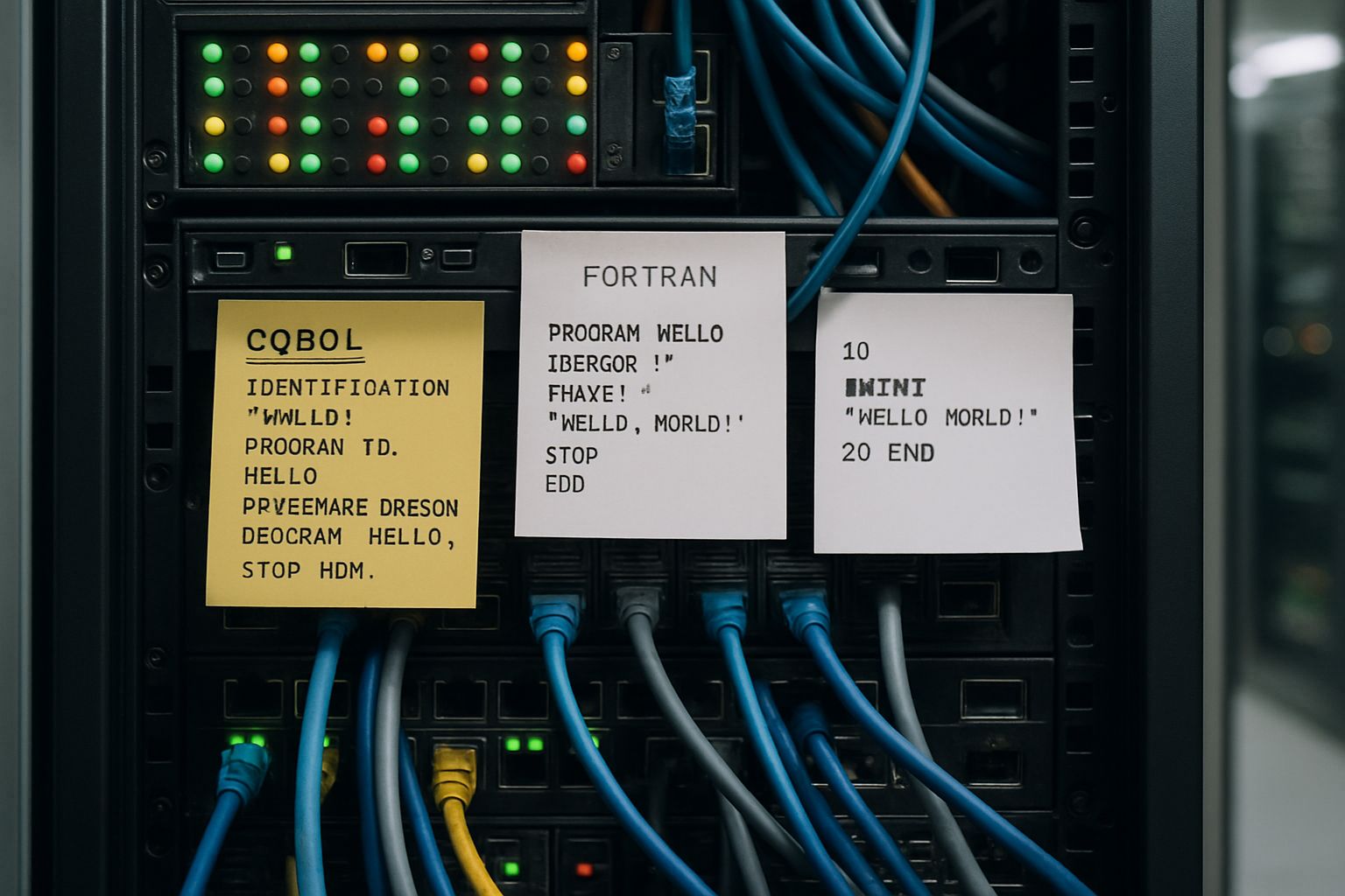 Data center using Old Languages with server equipment and legacy code printouts.