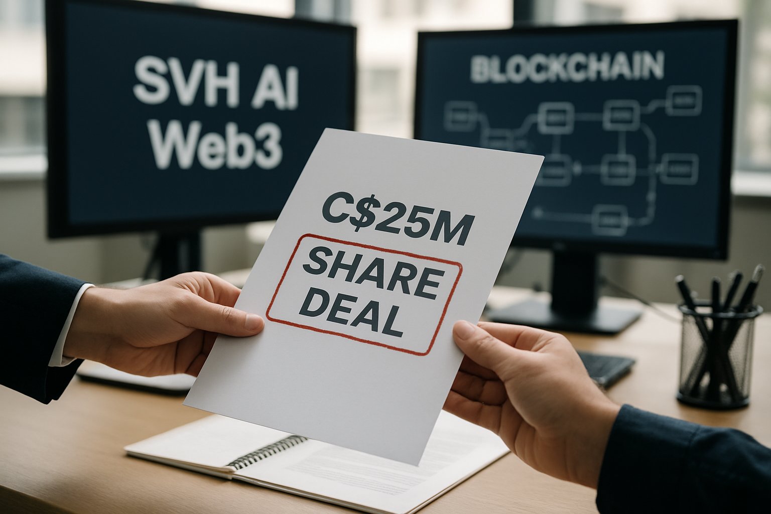 SVH AI Web3 C$25M share deal document exchange in a professional office