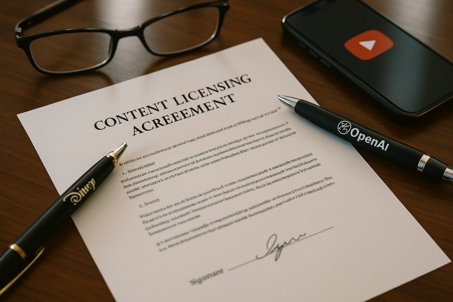 Signed Content Licensing agreement between Disney and OpenAI on office desk